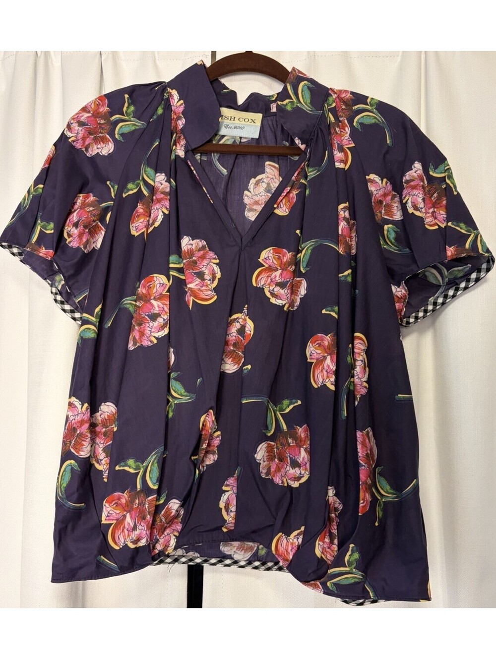 Tish Cox Short Sleeve Royal Purple Floral High Neck Puff Blouse Size Small $298